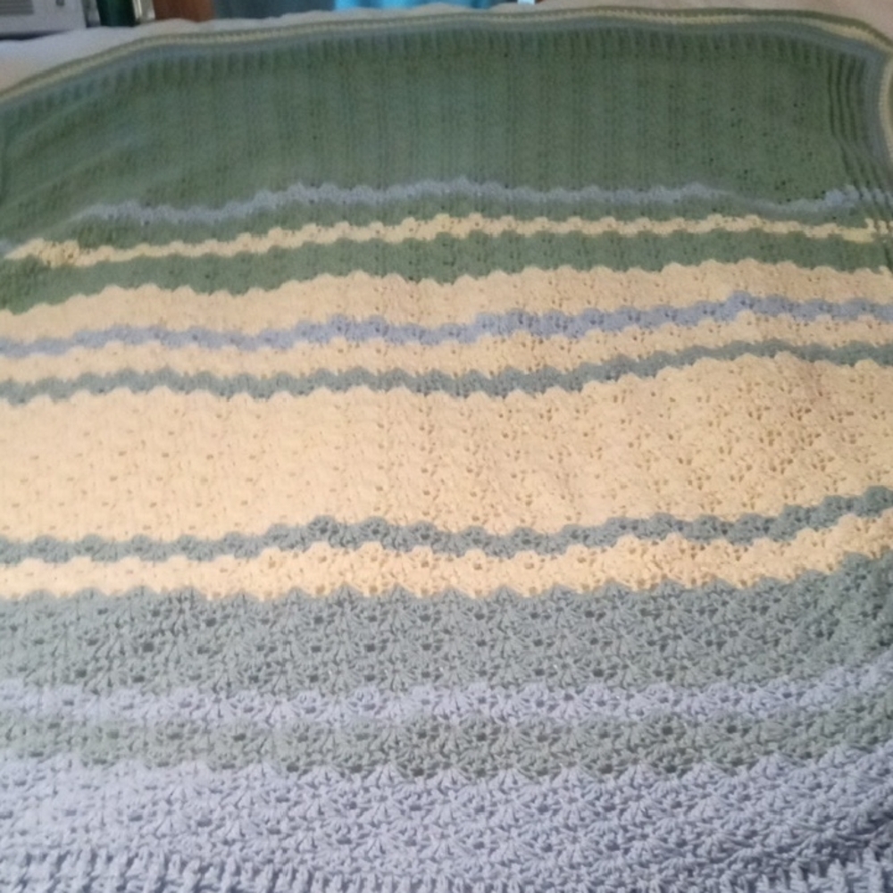 Soft Striped Crochet Handmade Vintage Quilt - Green, Light Blue & Cream
